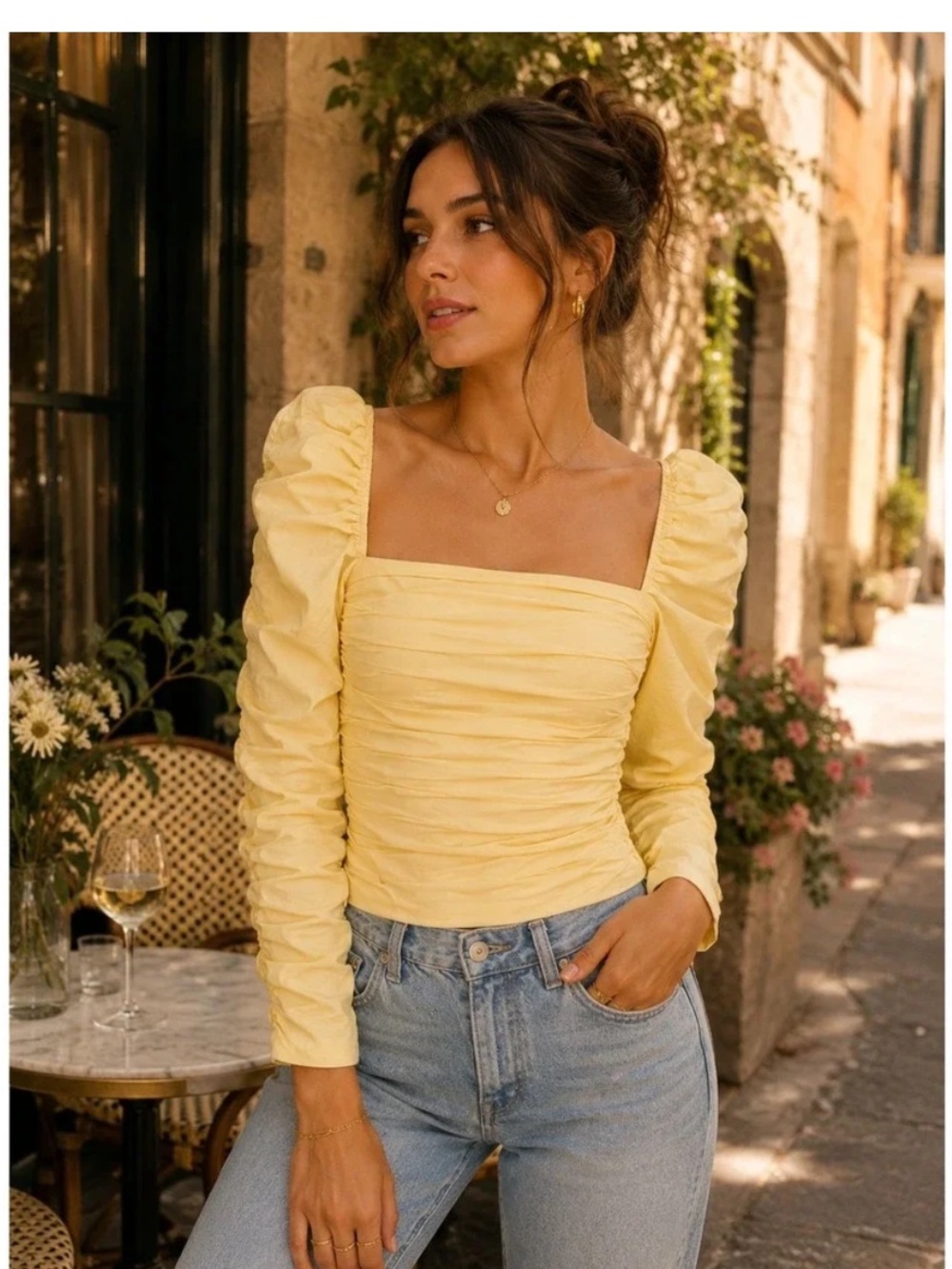 Reformation Yellow Joi Ruched Cotton Top Sz 10
